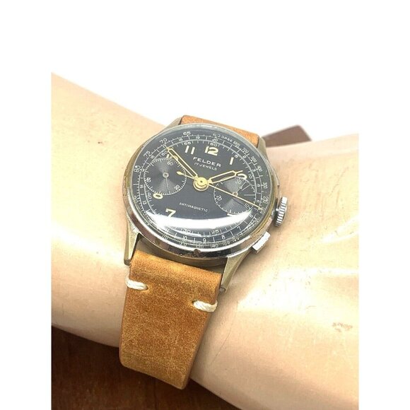 Felder Delbana Men's Watch Vintage Swiss Manual Wind WWII Chronograph Black Dial - Picture 5 of 15
